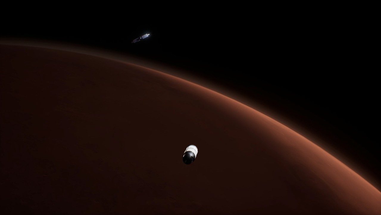 Artist interpretation of Lockheed Martin's Mars Sample Return lander resting on the Martian surface with its solar arrays deployed.