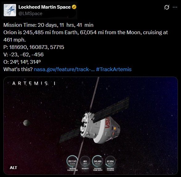 Image of a sample post from LMSpace on X showing real-time data during an Artemis mission